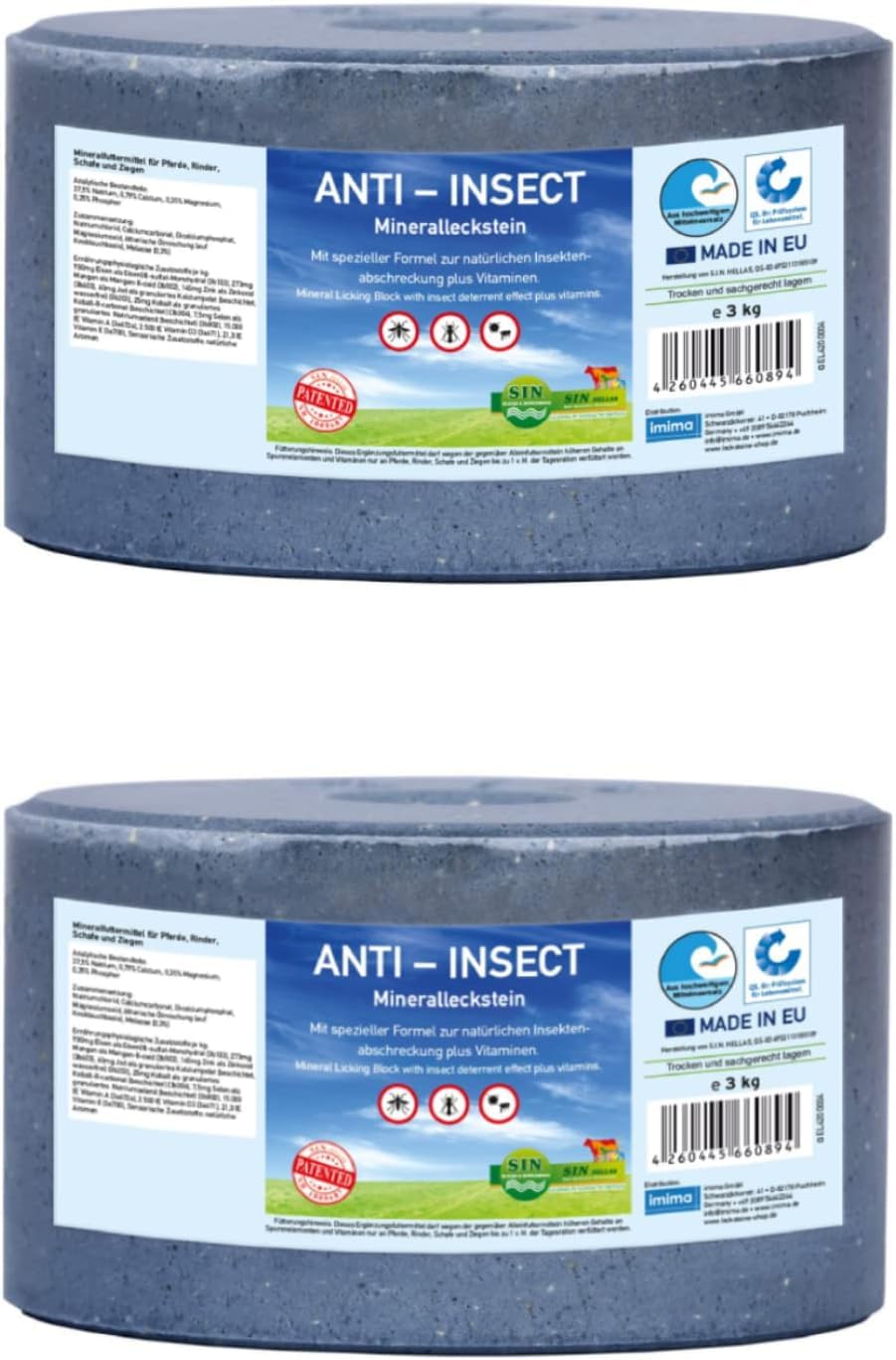 Mineralleckstein Pferd Anti-Insect Salzleckstein Set 2 x 3kg - Salzlecksteine für Pferde, Schafe, Ziegen, Wild und Rind - Salz Leckstein Mineralstein