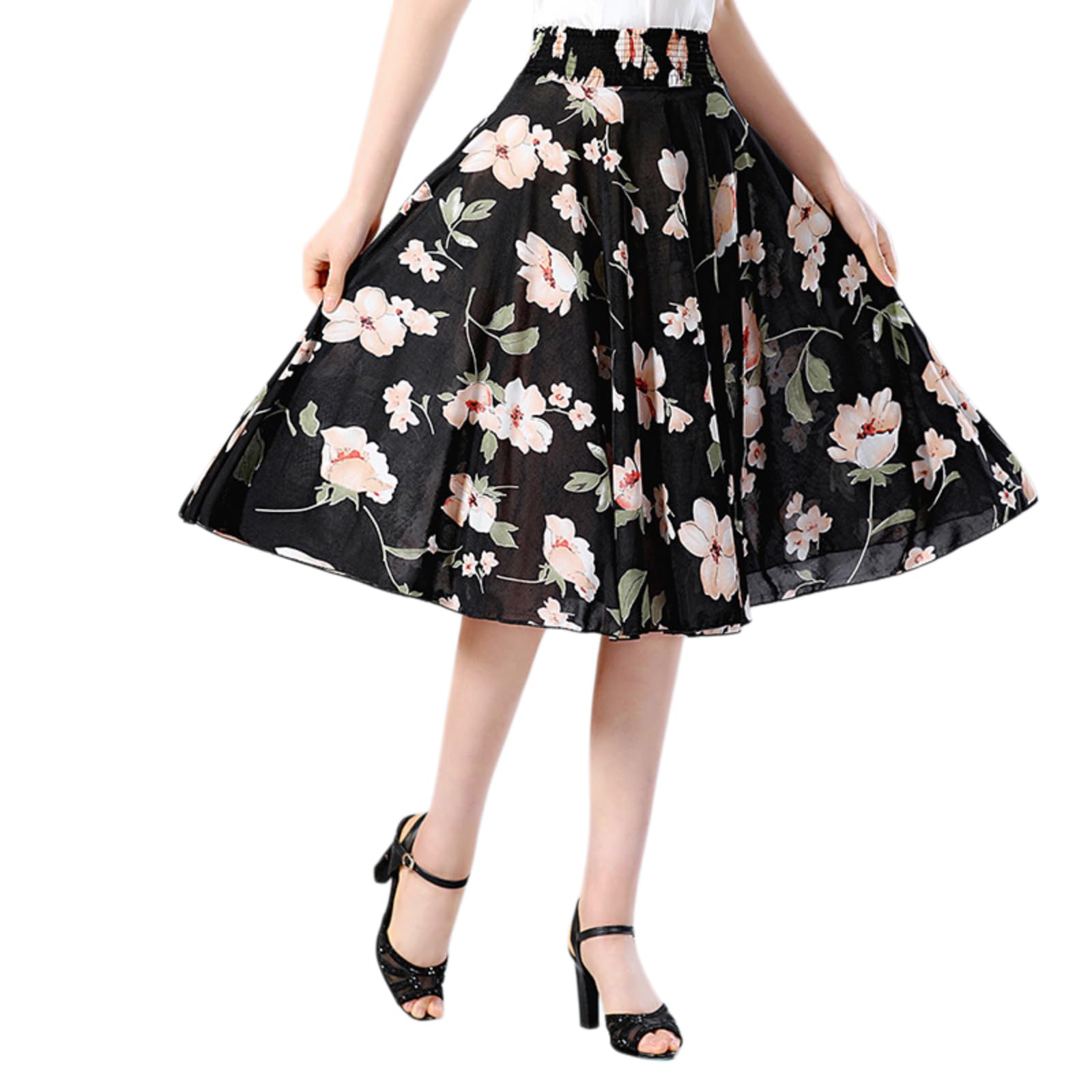Robe femme midi plissée et fleurie en soie de glace à taille élastique