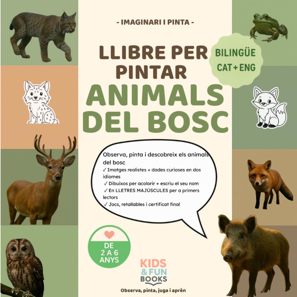 Llibre per pintar animals del bosc (2–6 anys) – bilingüe CAT-ENG – amb imatges realistes + lletra de pal + activitats: Inspirat en pedagogies actives ... motricitat i atenció. (Imaginari i Pinta)