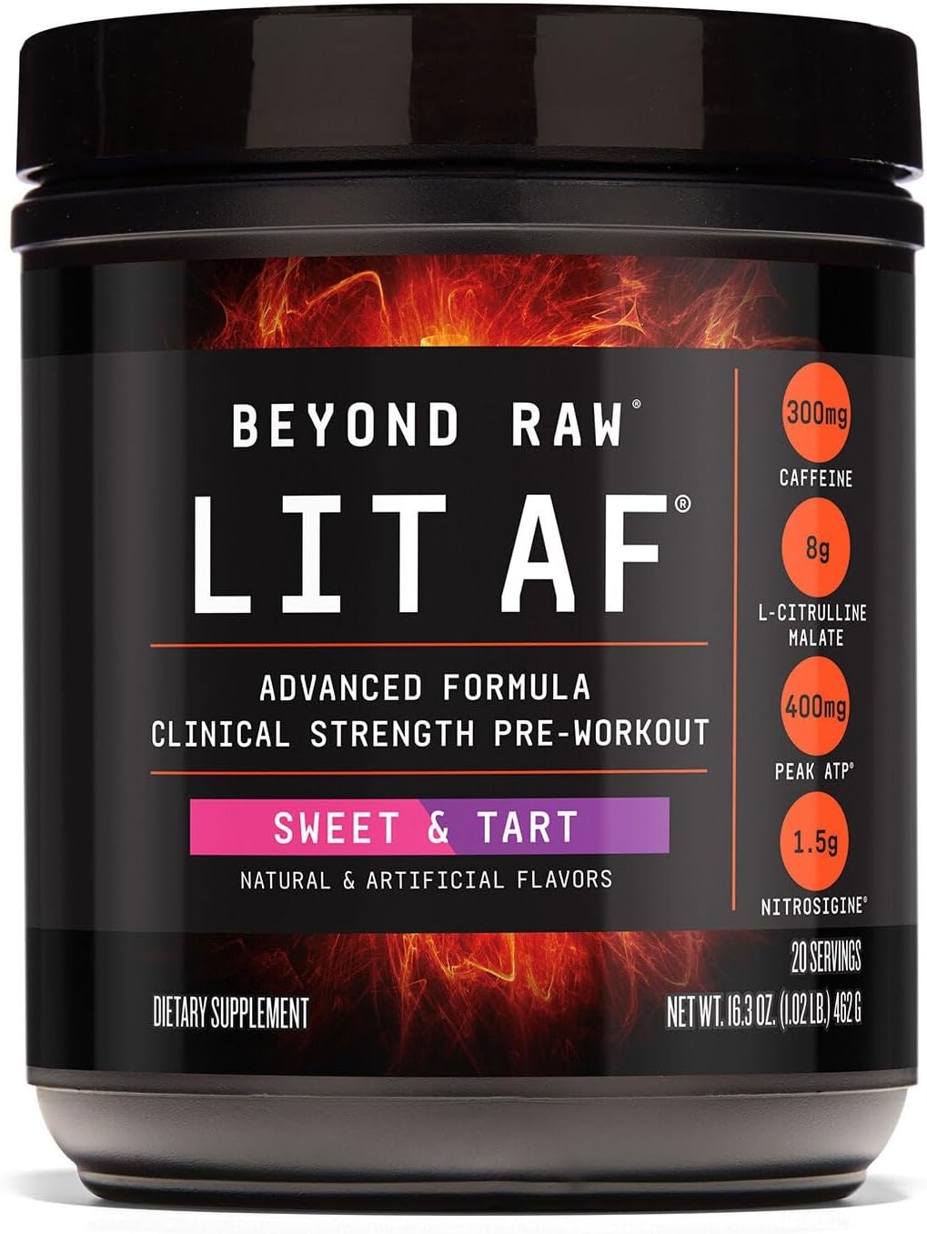 BEYOND RAW LIT Advanced Pre Workout Formula, Sweet and Tart, for Energy, Focus, Endurance, Pumps, with 300mg Rapid and Targeted Release Caffeine, Creatine, Betaine, Beta Alanine, Taurine, 20 Servings