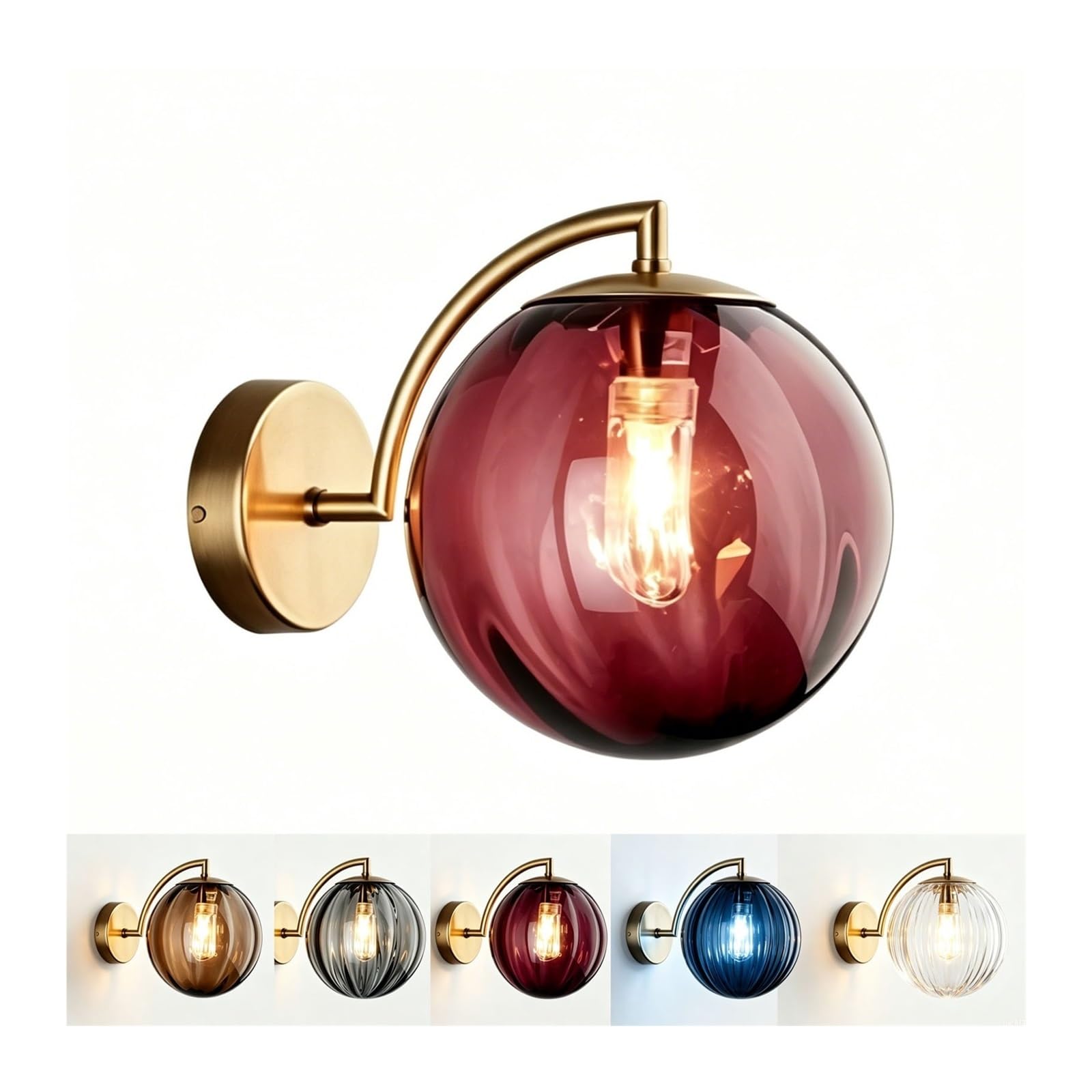 LUOYAOB Modern Smoked Amber Glass Globe Wall Lamp Gold Metal Wall Sconce G9 Base Hardwired Wall Mounted Lighting Fixture for Kitchen Bedroom Living Room Bedside Decor(Red)