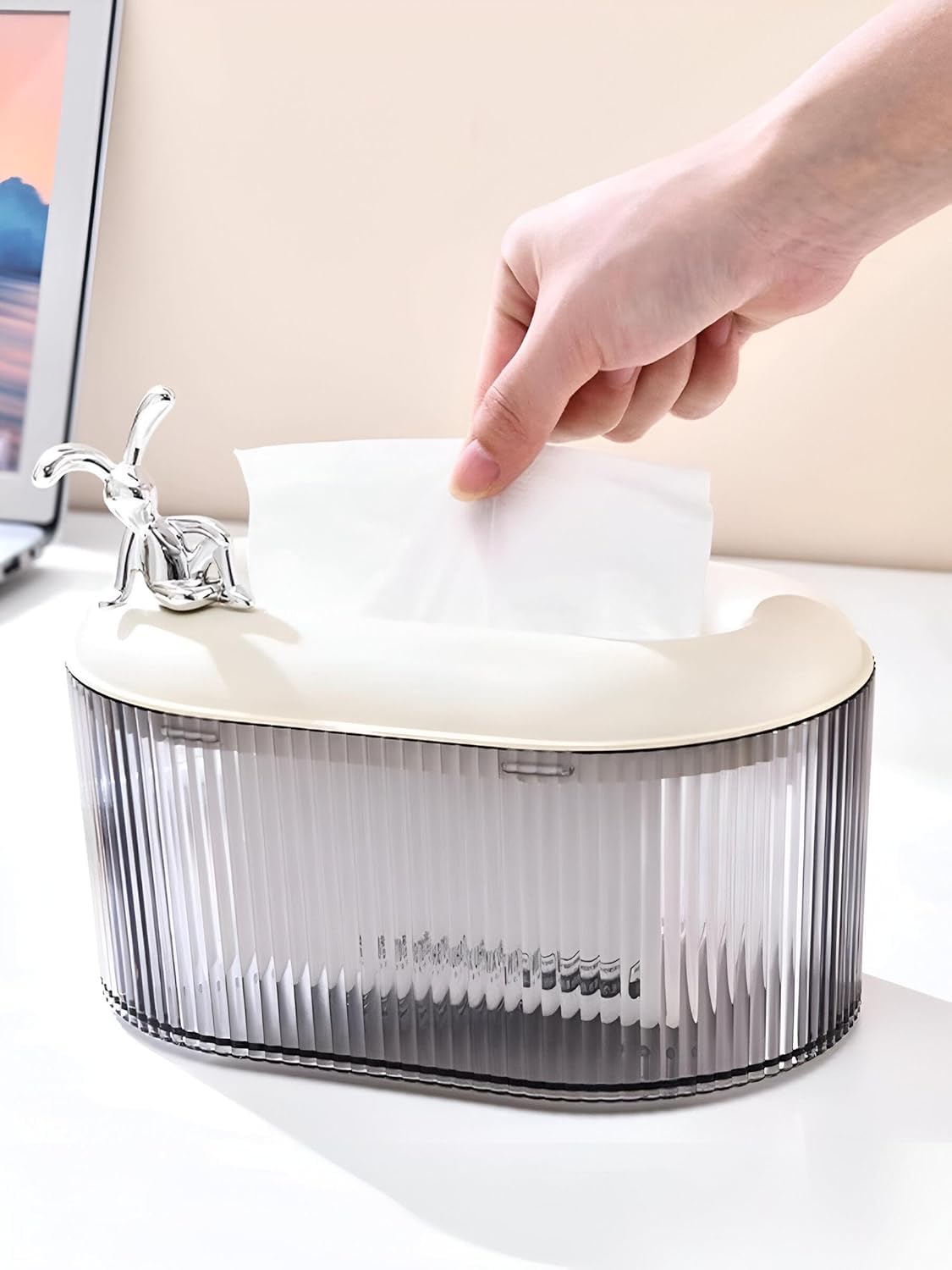AMPLIN Elegant Glass Tissue Box Holder with Chrome Bunny Figurine, Ribbed Design Storage Container, White Lid, 21x14x12cm