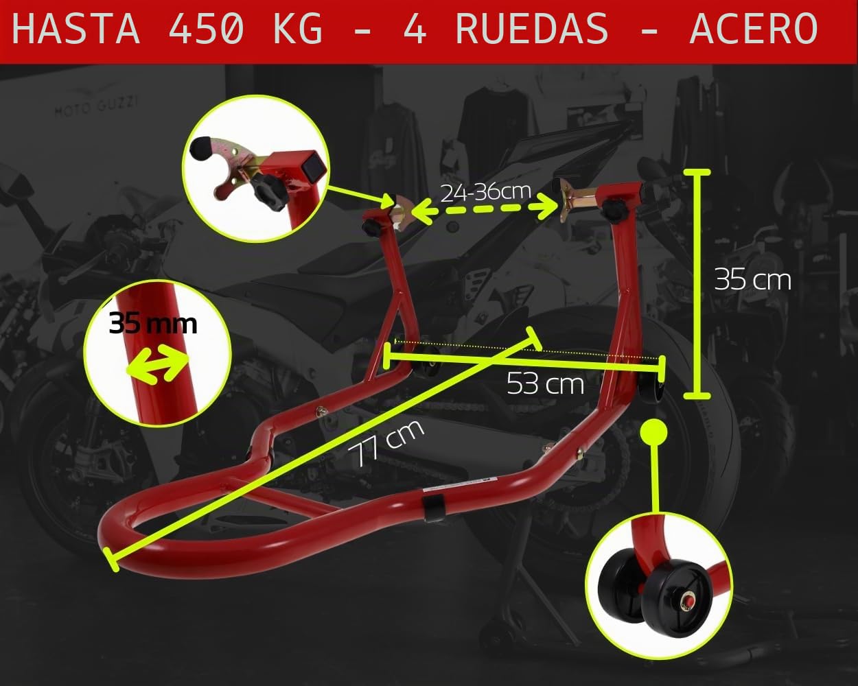 Caballete montaje moto – elevador delantero/trasero tipo U – ajustable 24–36 cm – hasta 450 kg – rojo – con ruedas