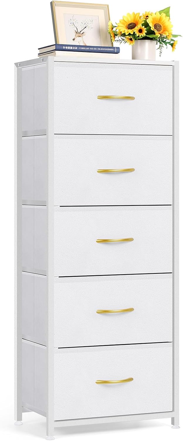 MOOACE 5 Drawer Dresser for Bedroom, Tall Fabric Storage Drawers, Tower Organizer Unit Chest of Drawers with Wooden Top for Closets Living Room Hallway Entryway, Metal Frame, Black