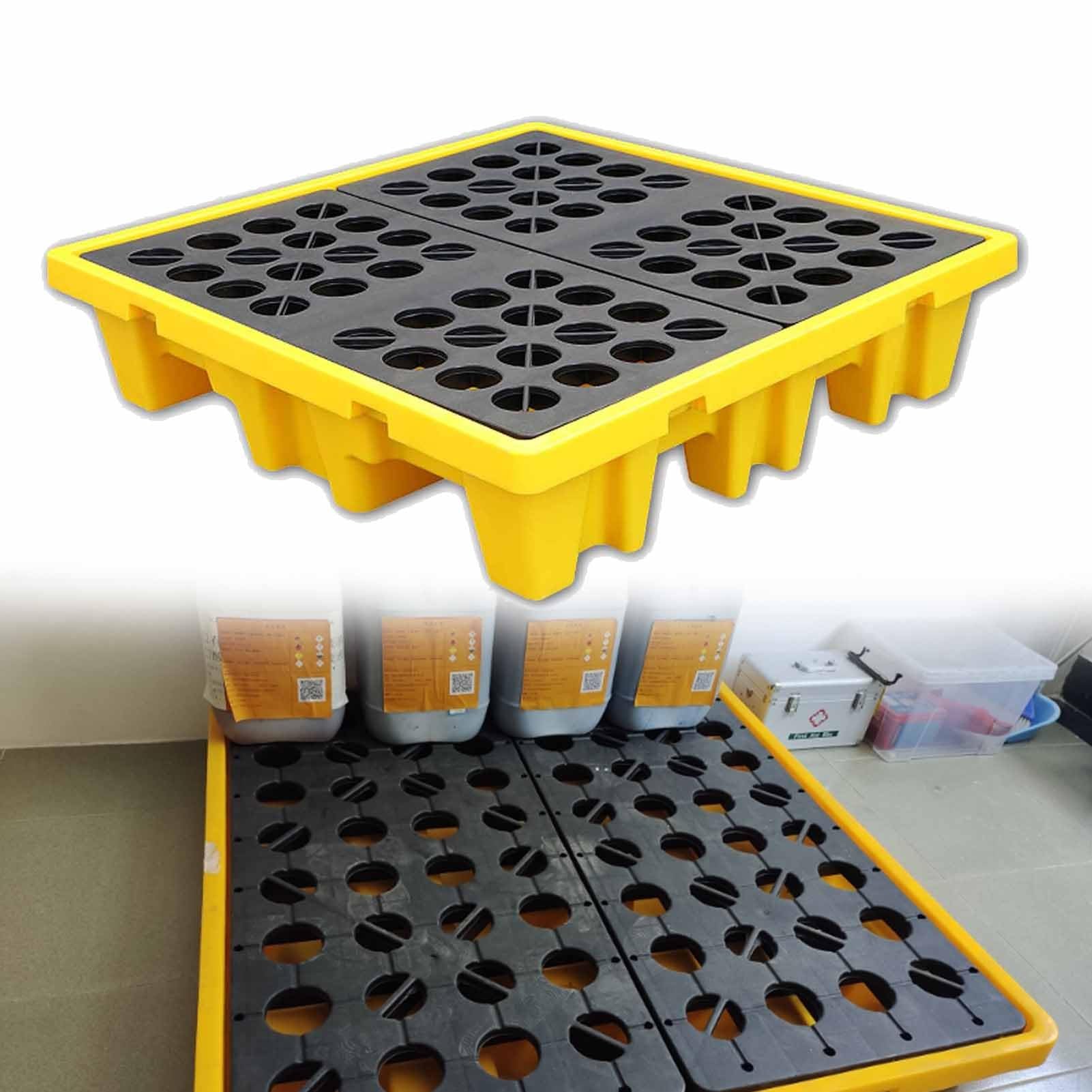 Sistema de contención de derrames industrial de 50x36x10cm con drenaje y base para montacargas