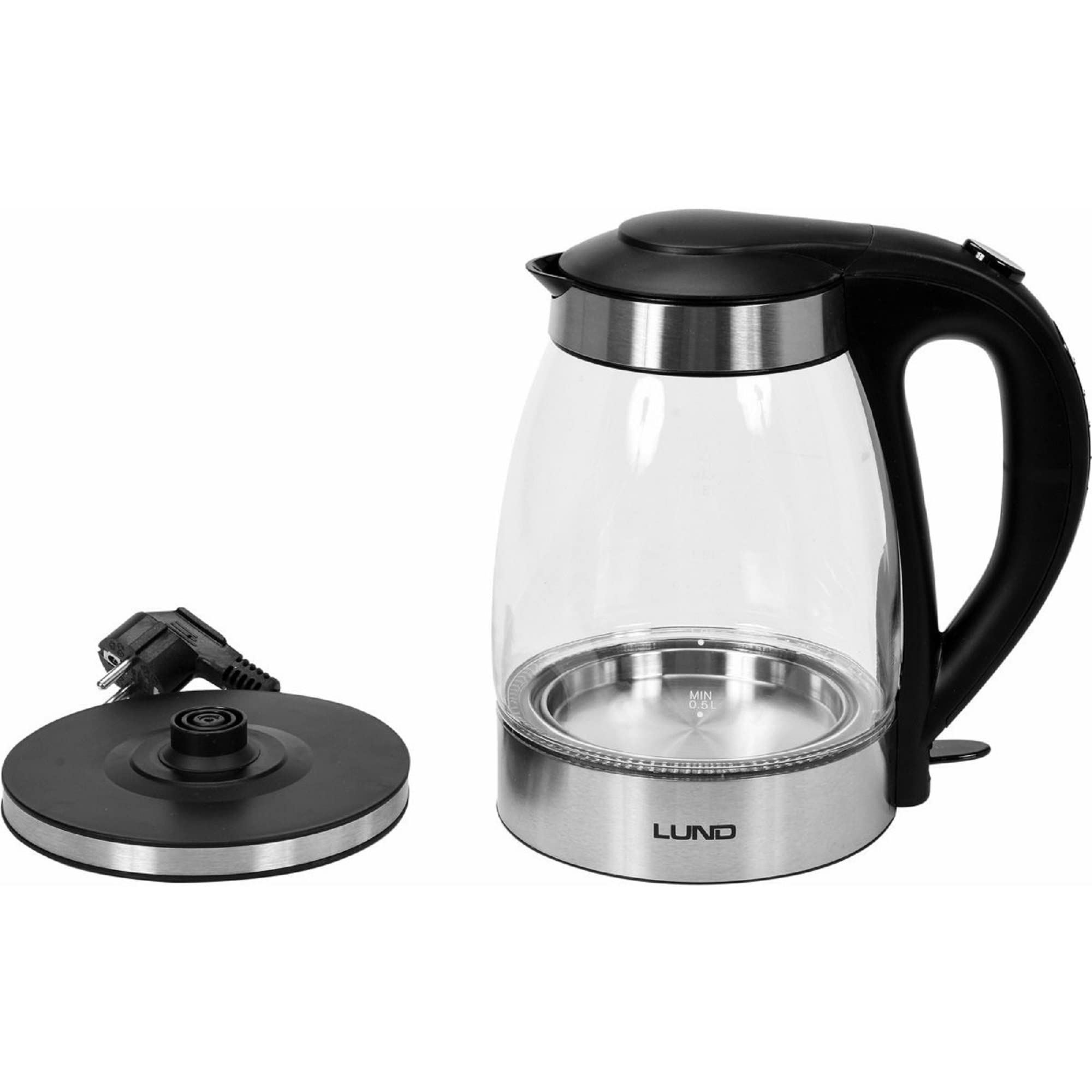 Lund bollitore in vetro con LED - Filtro - Sicurezza contro la cottura a secco - Acciaio inox - 1,8L - 2200W - 68172 - Argento/Nero