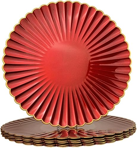 Miniatura 12 de Juego de 6 platos de carga rojos antiguos, platos de carga de 13" para platos de cena, platos de carga redondos de plástico a granel para bodas