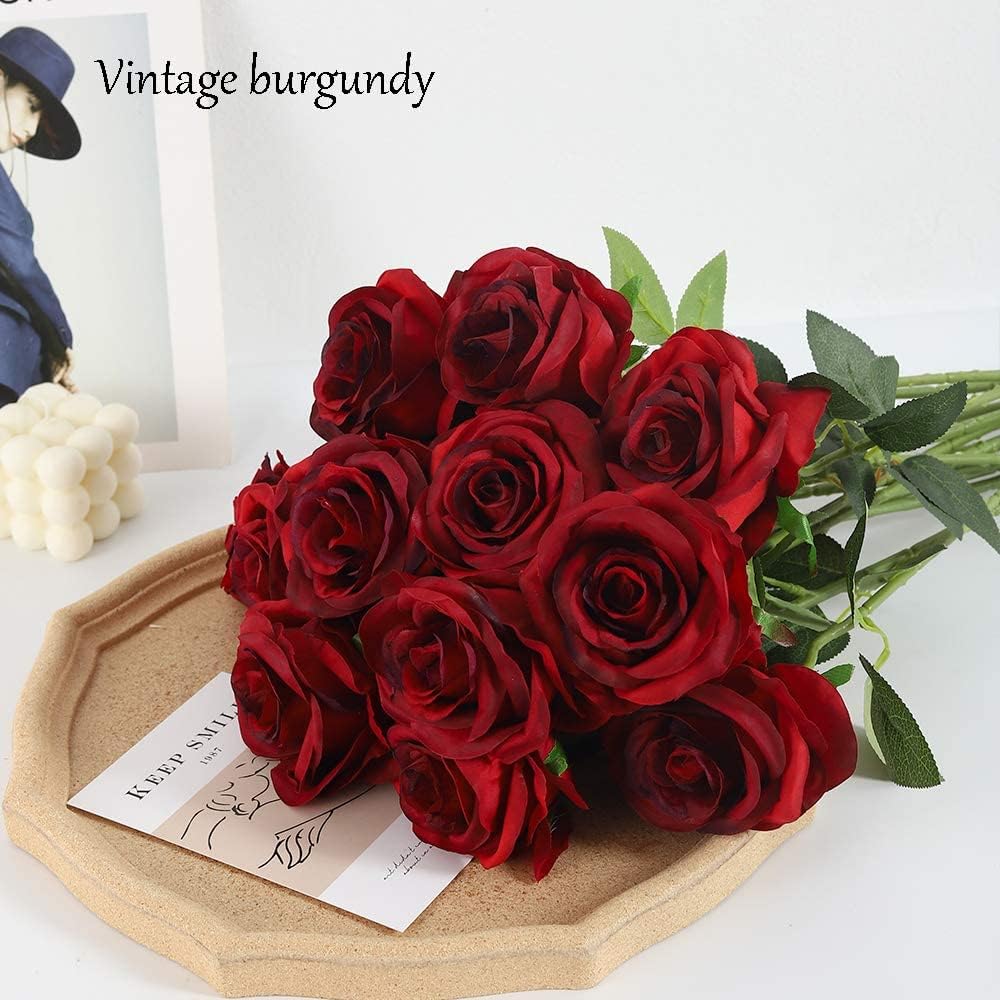 Laelfe 12 PCS Artificial Flowers Roses Silk Flowers Fake Long Stem Artificial Roses for Home Wedding Bathroom Kitchen Decorations (Gradient Burgundy) - Image 4