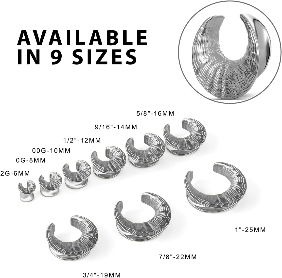 ERKUOO Crescent Moon Ear Tunnels 2g-1 Inch Hammered Fluid Texture Saddle Gauges for Ears Stretched Piercing Jewelry Elegant Modern Sculptural Ear Plugs Expanders Moon Shaped Stretchers for Men Women