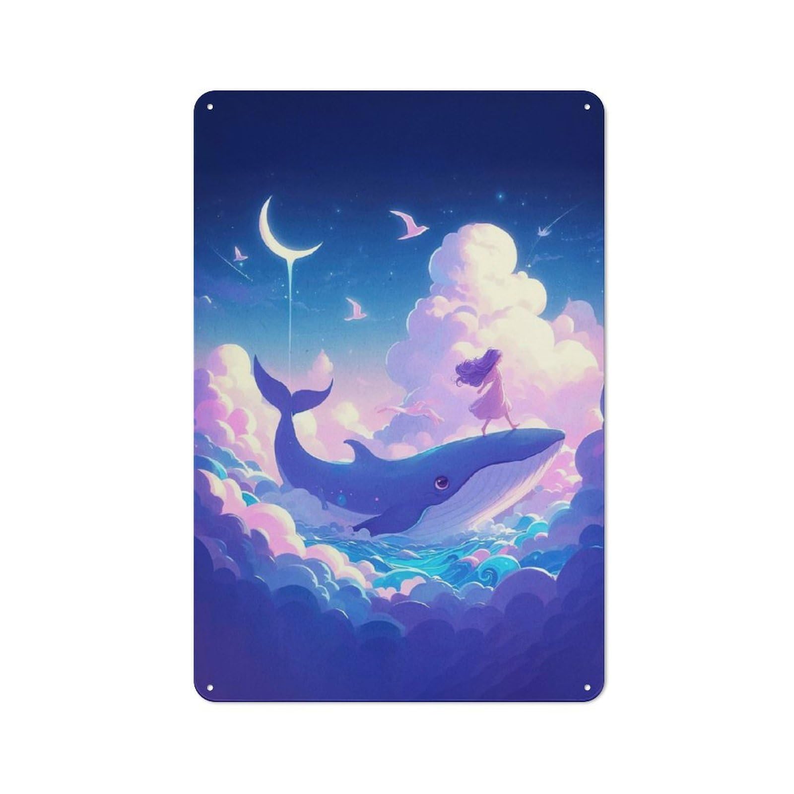 Dreamy Whale Ride Girl Decorative Metal Sign 30x20cm, Understated Studio Wall Plaque for Hobby Room, Office, Lounge Or Living Room