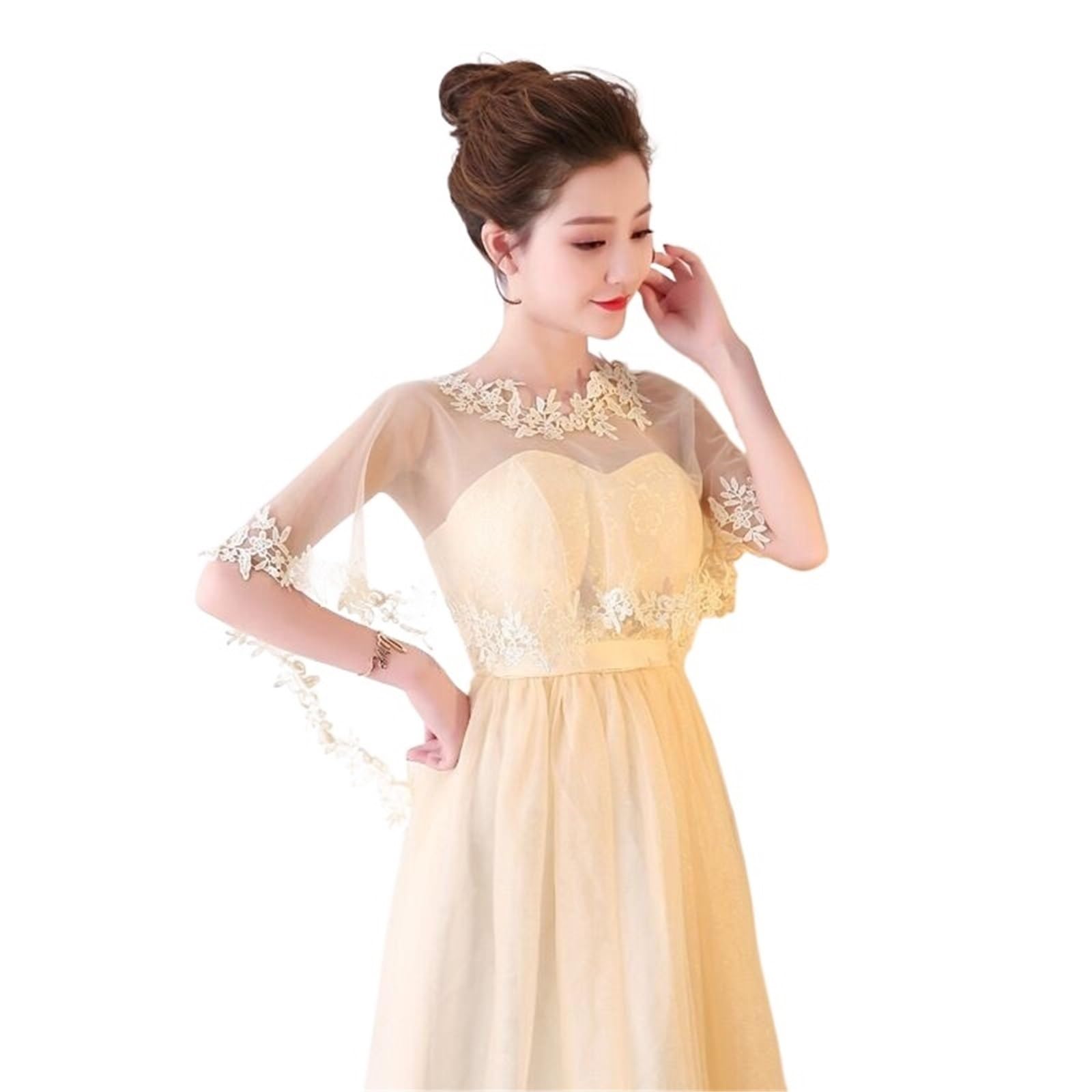HEUchuan Wedding Dress Shawl O-Neck Lace Bridal Wedding Elegant Women Cape Tulle Evening Prom Cape Shawl(Yellow)
