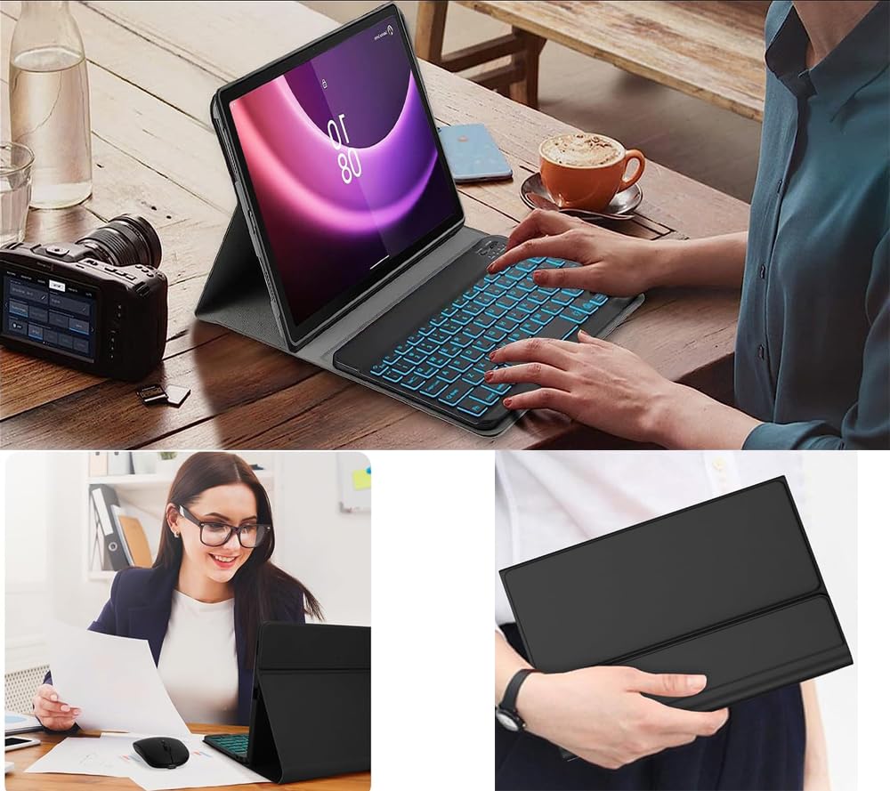 Custodia con tastiera per Lenovo Yoga Tab da 11,1 pollici, tablet 2025 con tastiera a 7 colori, magnetica, wireless, Bluetooth, rimovibile, QWERTZ tedesco, colore nero