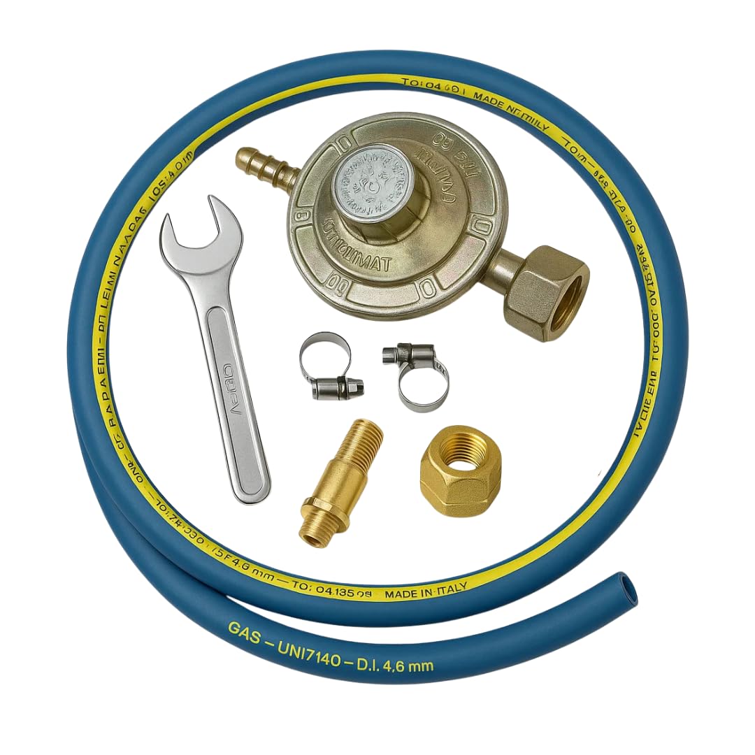 Kit Regolatore Gas GPL 30 mbar – Completo con Tubo da 2m, Fascette, Chiave Gas e Raccordo W20x1/4” – per Uso Domestico e Campeggio