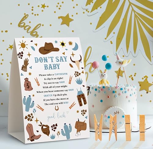 Miniatura 3 de Juego de pinzas para ropa de bebé, juego de vaquero para baby shower (paquete de 1 letrero y 50 mini pinzas para la ropa), decoraciones de baby