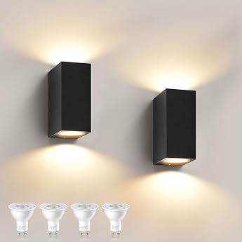 Pack of 2 Wall Light Outdoor Indoor IP65 Waterproof 10 W Warm White 3000 K Aluminium Square Outdoor Wall Lamp Outdoor Lamp with GU10 Bulbs Outdoor Light for Garden Front Bathroom Porch Garage Black [Energy Class G]