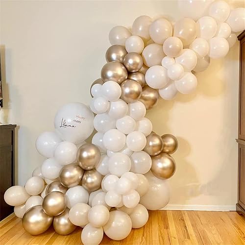 Miniatura 7 de Champagne Gold and White Balloons, 60Pcs Beige White Sand Metallic Gold Pearl White Balloons for Girls, Neutral Ivory White Gold Balloons for Women