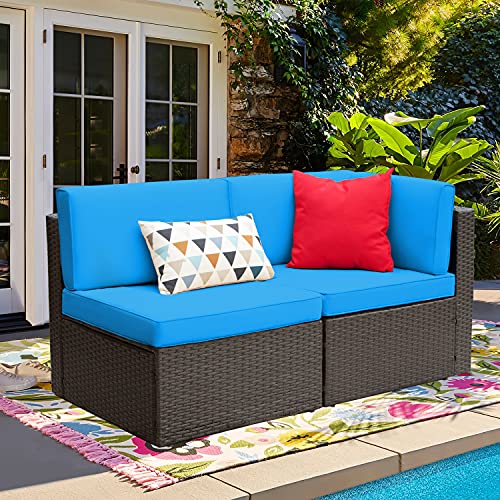 Devoko 2 Pieces Patio Furniture Sofa Sets Outdoor All Weather Sectional Corner Sofa and Armless Sofa (Blue)