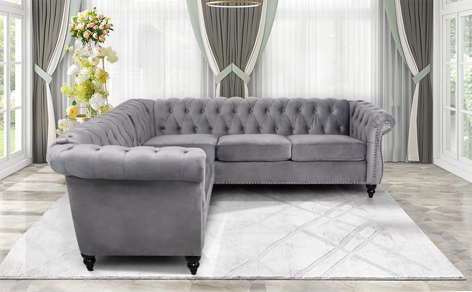 Miniatura 5 de RARZOE Chesterfield - Sofá modular en forma de L, sofá de terciopelo con botones profundos, brazo enrollado tapizado, sofá clásico Chesterfield para