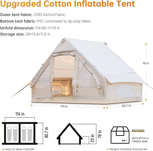 Vista 5 de Tienda de campaña inflable con bomba, tiendas de campaña glamping, fácil instalación, 4 estaciones, impermeable, resistente al viento, al aire