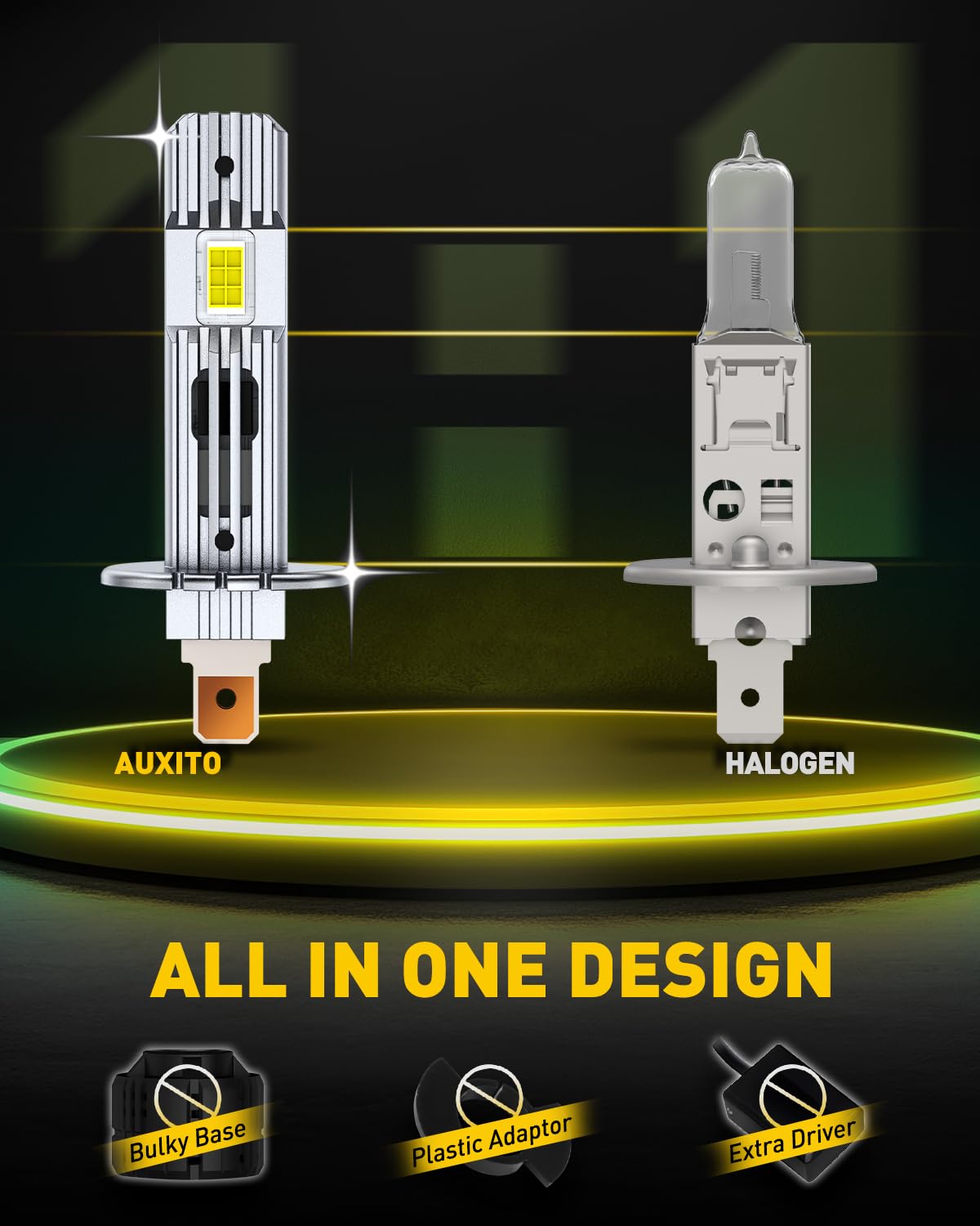 AUXITO H1 LED Headlight Bulb, 600% Brightness 6500K White, 1:1 Mini Size No Adapter Required, Non-Polarity, Fanless Conversion Kit for H1LL Headlights Hi/Lo Beam Fog lights, Plug and Play, Pack of 2 - 5