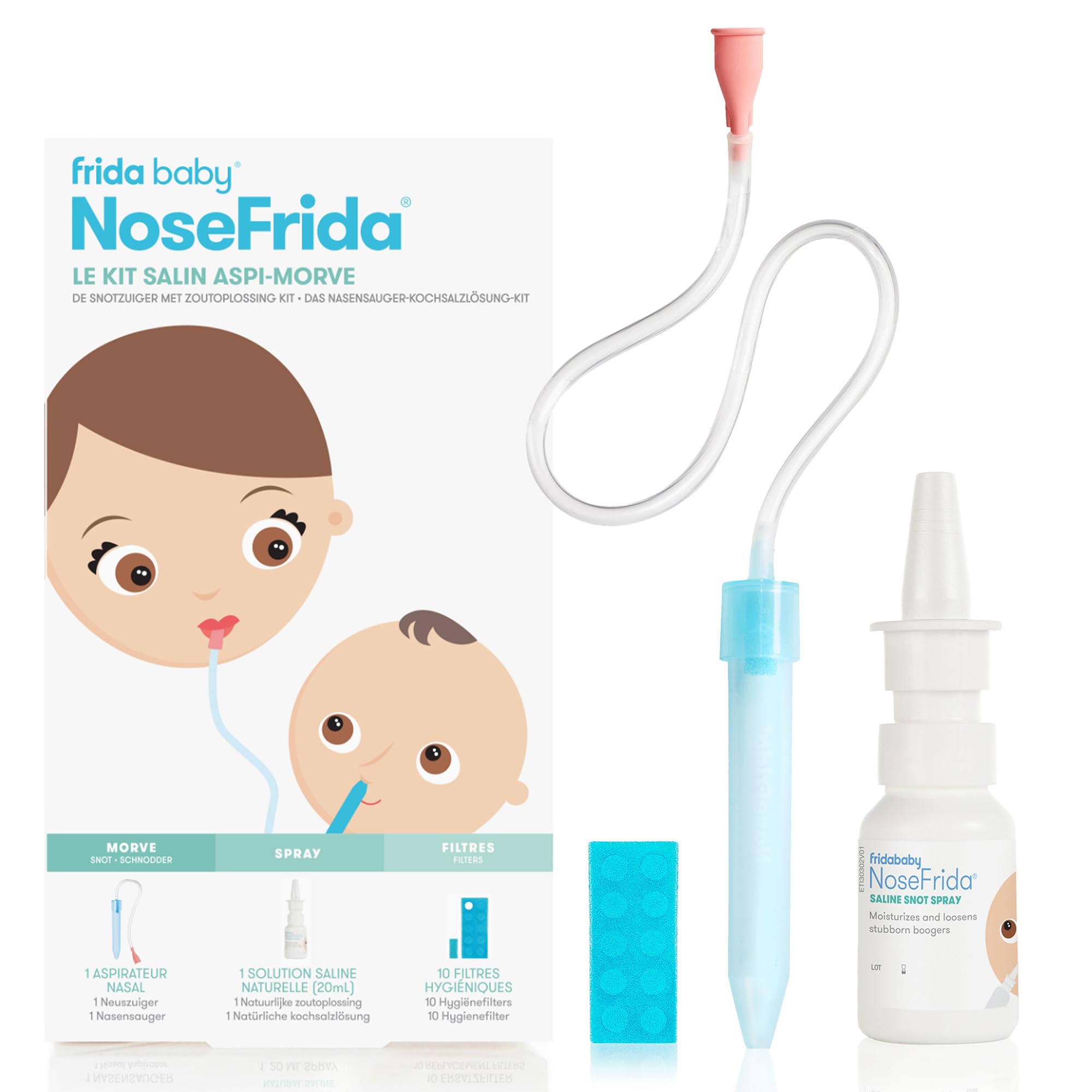 Frida Baby NoseFrida SnotSucker Ensemble Kit Salin Aspirateur Nasal | Inclut aspirateur NoseFrida, 4 filtres hygiéniques et spray salin naturel, Élimine mucus, Soulagement nasal Facile à nettoyer