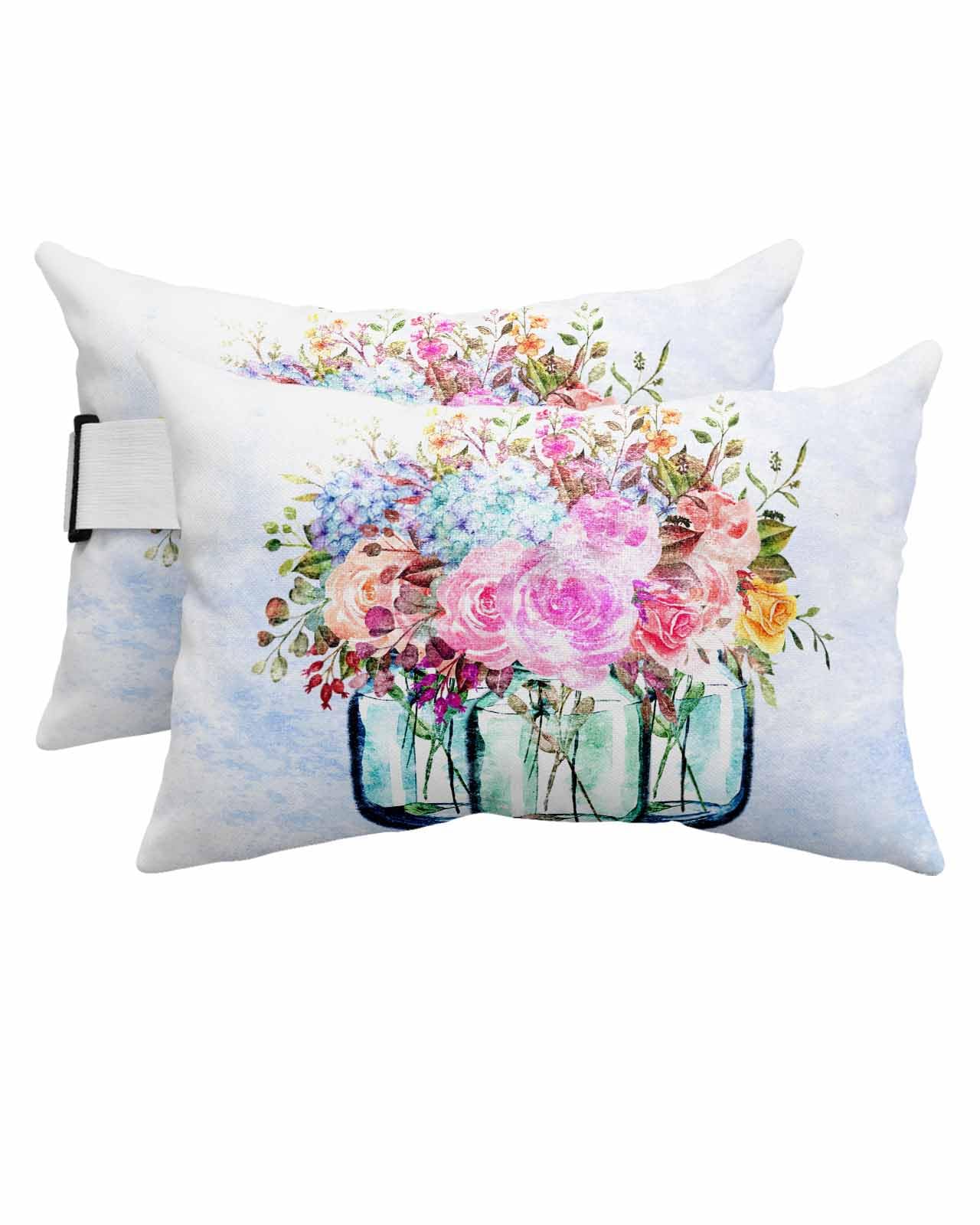 Anzona Pack of 2 Spring Floral Lumbar Pillow Covers, Outdoor Waterproof Throw Pillow Covers Set, Summer Botanical Blue Ombre Watercolor Decorative Cushion Case for Patio Beach, 12x20 Inch