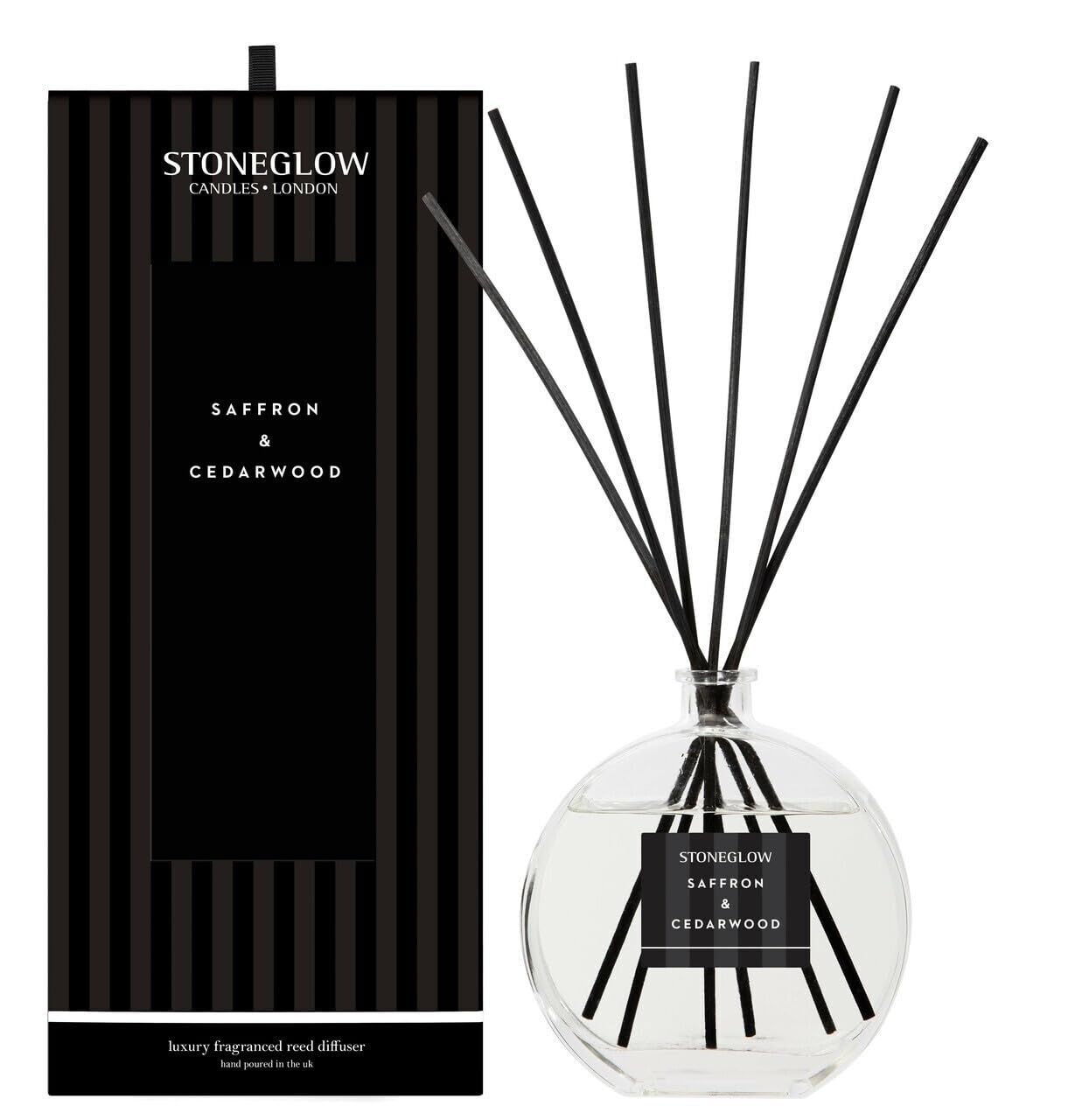 Stoneglow Modern Classics Saffron & Cedarwood Scented Reed Diffuser 460ml with Mimosa & Orris, 12 Rattan Reed Diffuser Sticks, Lasts 32 Weeks, Refillable Home Fragrance, Made In The UK