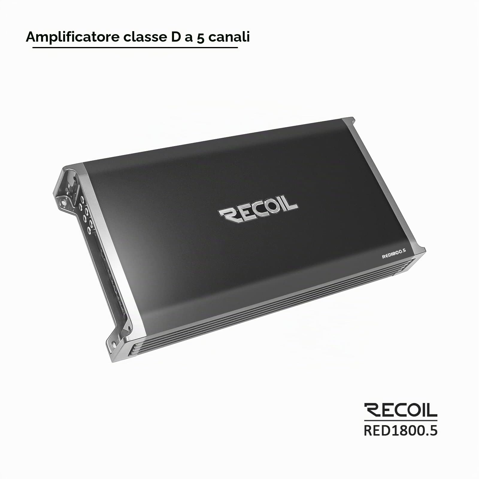 Recoil RED1800.5 Amplificatore audio per auto a 5 canali Classe D da 1800 Watt, mono stabile a 1 Ohm, manopola dei bassi remota inclusa