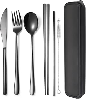 AARAINBOW 6 Pieces 18/8 Stainless Steel Flatware Set Portable Reusable Cutlery Set Travel Utensils Set Including Chopsticks Knife Fork Spoon Straws Cleaning Brush Dishwasher Safe (Black)