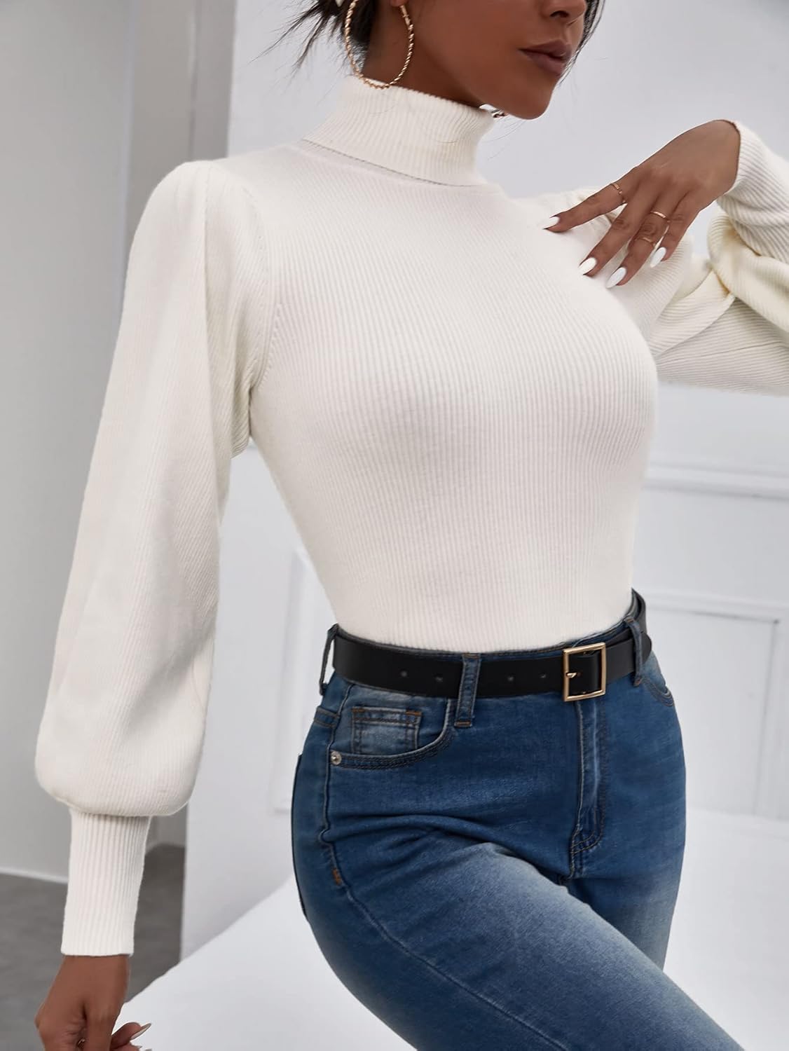 Women's Sweater Solid Bishop Sleeve Turtle Neck Sweater Sweater for Women (Color : White, Size : Medium)