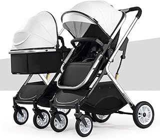 Tandem Twins Prams Trolley Double Stroller for Twins with Aluminum Frame,Double Buggy Can Sit Lie,Toddler Strollers for 0-36 Months Babies (Color : Gray) (White)
