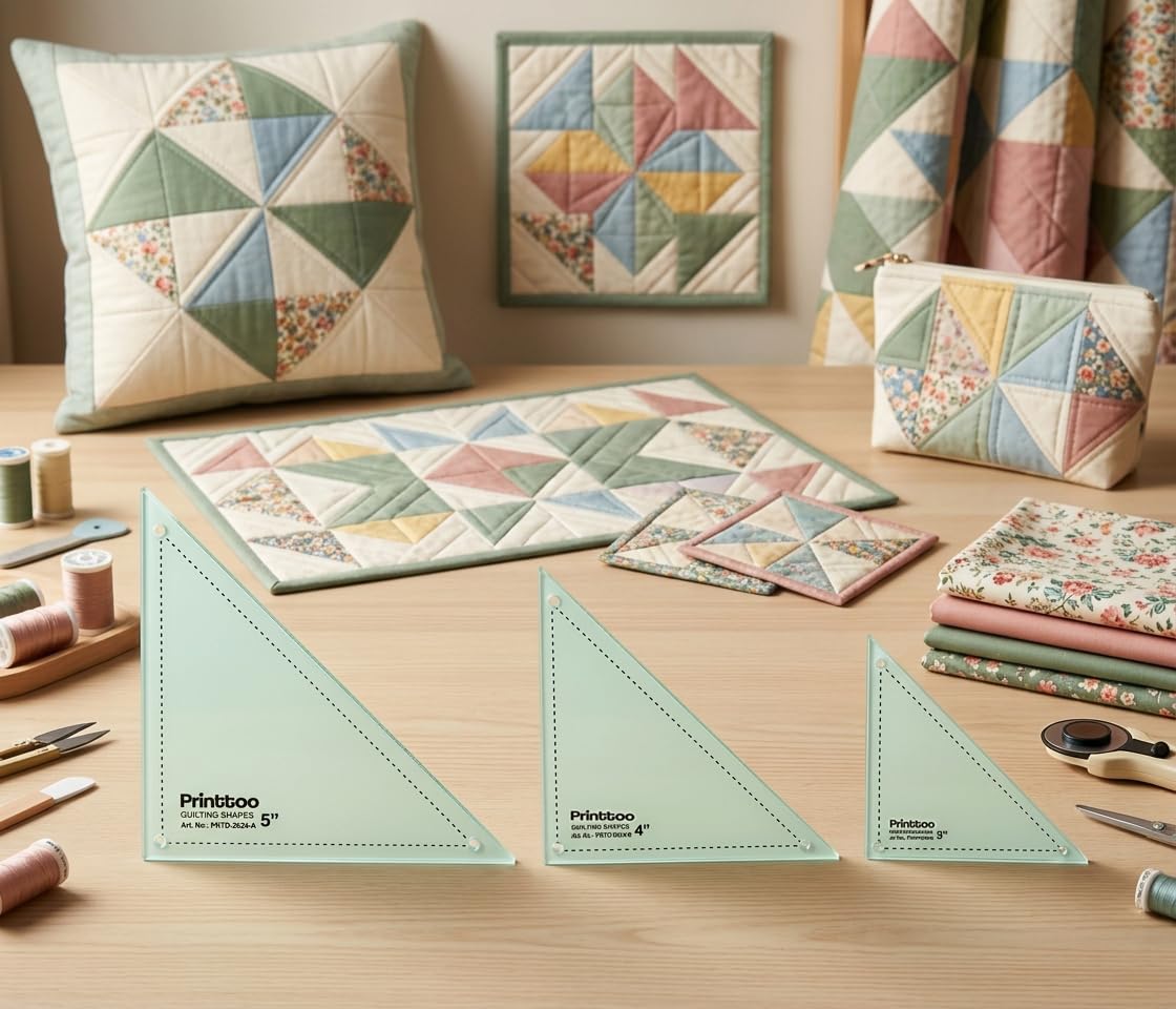 Printtoo Set di modelli triangolari a 90 gradi, 2 mm, in acrilico, per trapunte, patchwork, 7,6 cm, 10,2 cm, per metà quadrato, triangolo, blocchi, taglio tessuto, cucito, fai da te, creazione di