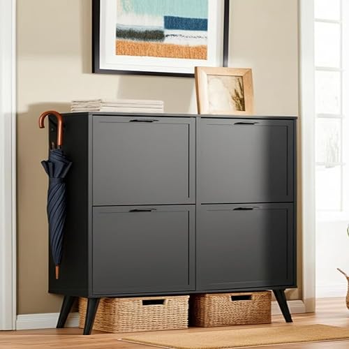 Large 4 Tier Shoe Cabinet for Shoe Size 16 - Freestanding Wooden Shoe Organizer with Flip-Up Doors, Space-Saving Entryway/Closet Storage Rack, Black