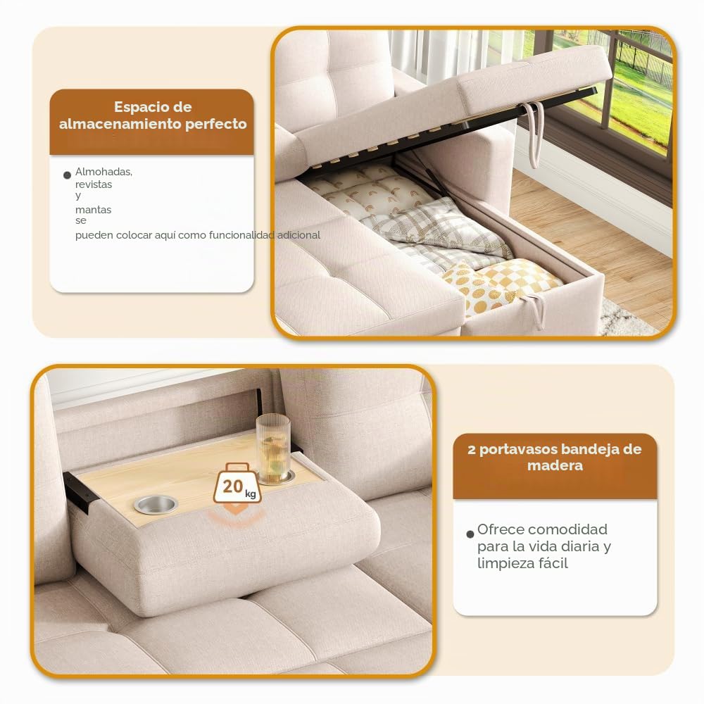 Lubvtti Sofá Cama 3 plazas con función de Cama,sofá esquinero Moderno en Forma de L con portavasos y Espacio de Almacenamiento, sofá 3 plazas,Lino,Beige