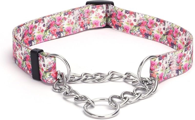 Coleira Martingale para Cães com Corrente de Aço Inoxidável, Estampa Floral Peony, Modelo HA12, Tamanho XL