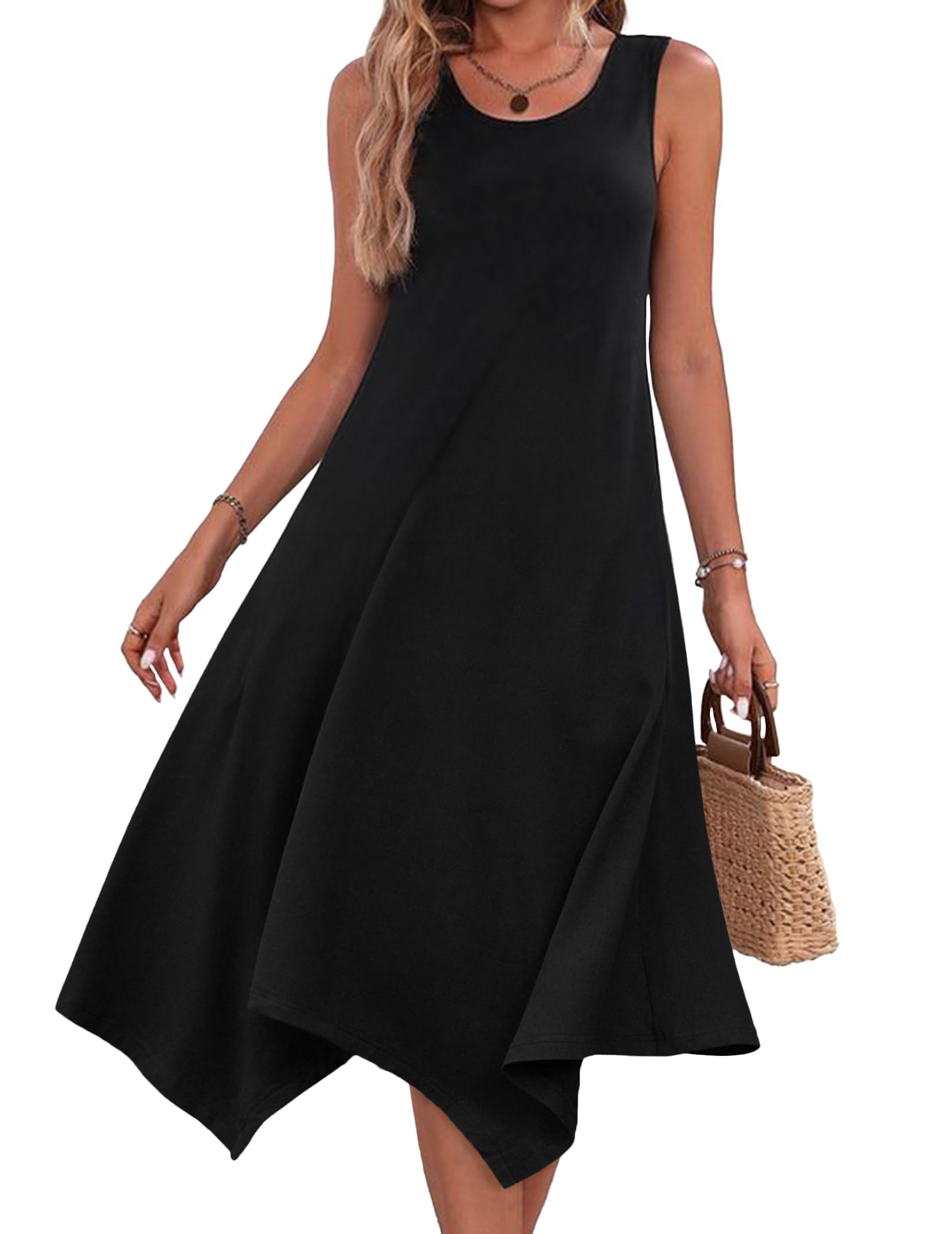 EIRUKON Vestidos Verano Mujer Casual Sin Mangas Cuello Redondo Estampado de Flores Vestido Vacaciones Midi Vestidos con Bolsillos
