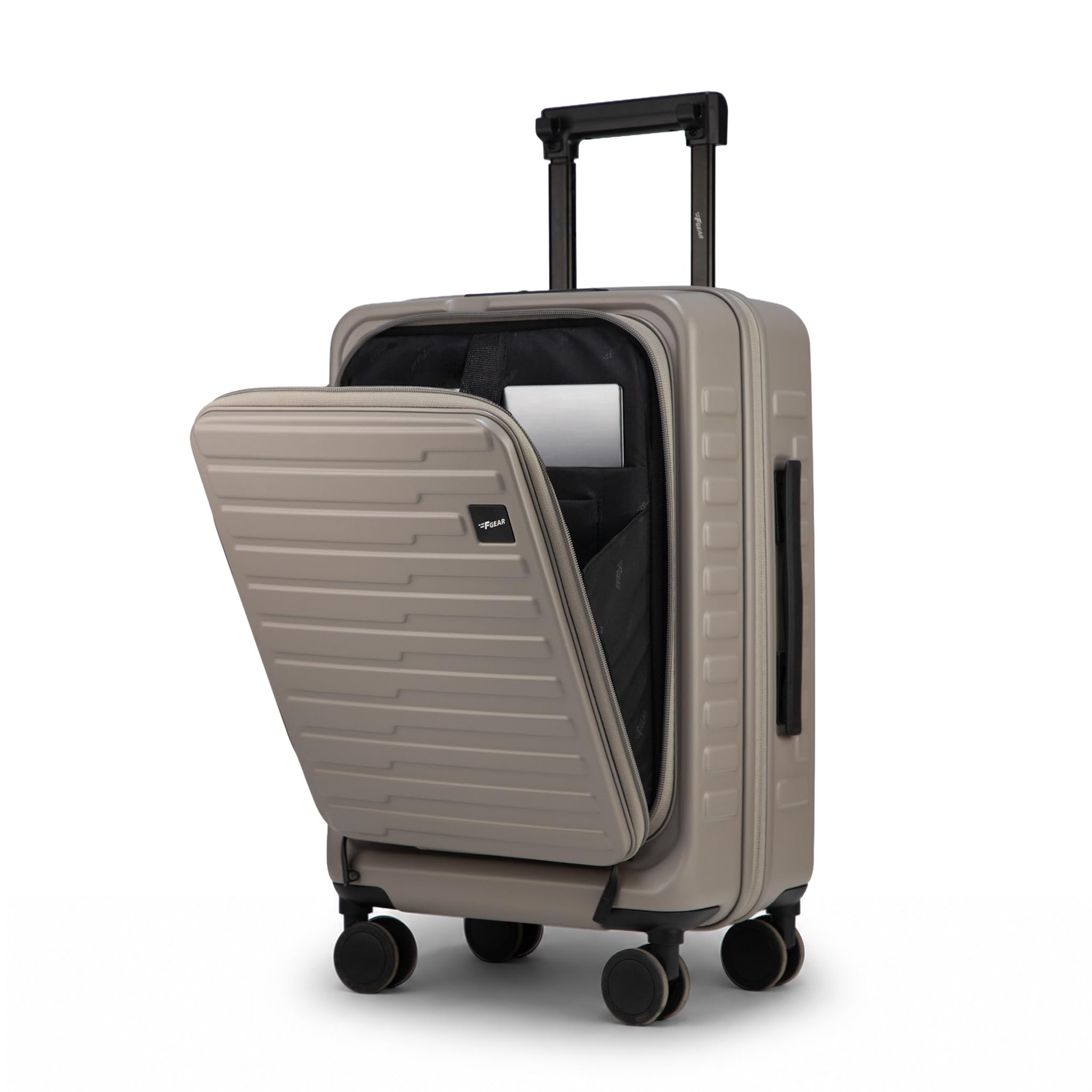 Sedona Small Cabin Pro 54cm German Polycarbonate Hard Luggage|8 Japanese Hinomoto Silent Wheels| USB & Type-C Charging, Phone Stand & Cup Holder | Front Opening Suitcase for Travel (Taupe)