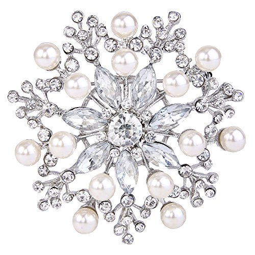 EVER FAITH Women's Clear Austrian Crystal Simulated Pearl Blooming Flower Teardrop Brooch Silver-Tone