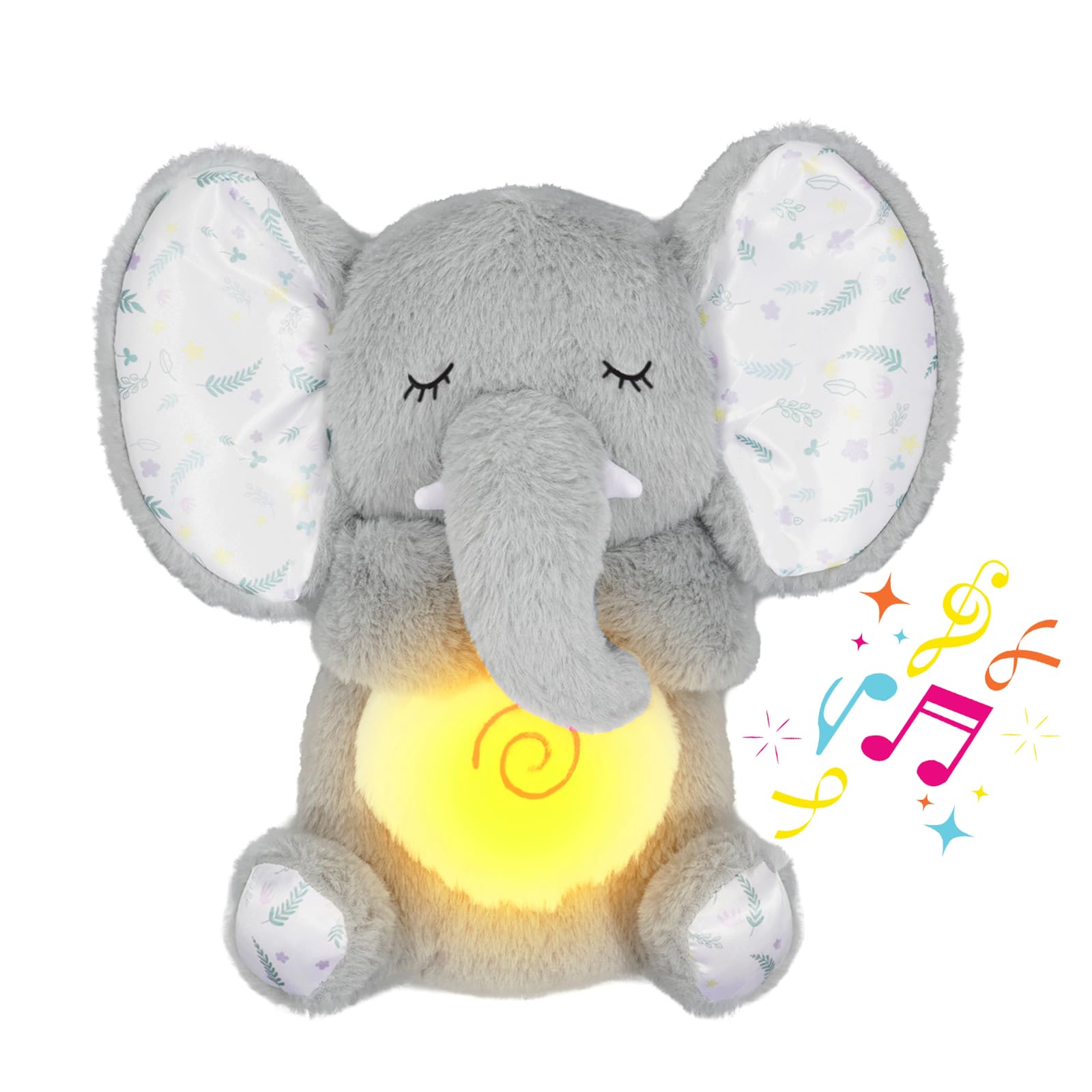 Breathing Stuffed Animal, Elephant Plush, Sleeping Plush for Kids Toy Birthday Gift with Sensory Details Musical Lights and Rhythmic Breathing Sleep Companion (Grey)