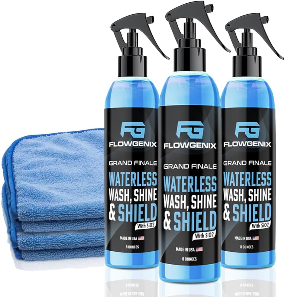 Waterless Car Wash Spray - Grand Finale - Motorcycle Cleaner & Car Wax Spray Polish (8 oz) - Ceramic Coating - Incl. 2 Microfiber Towels - Quick Detailer Spray (3-Pack)