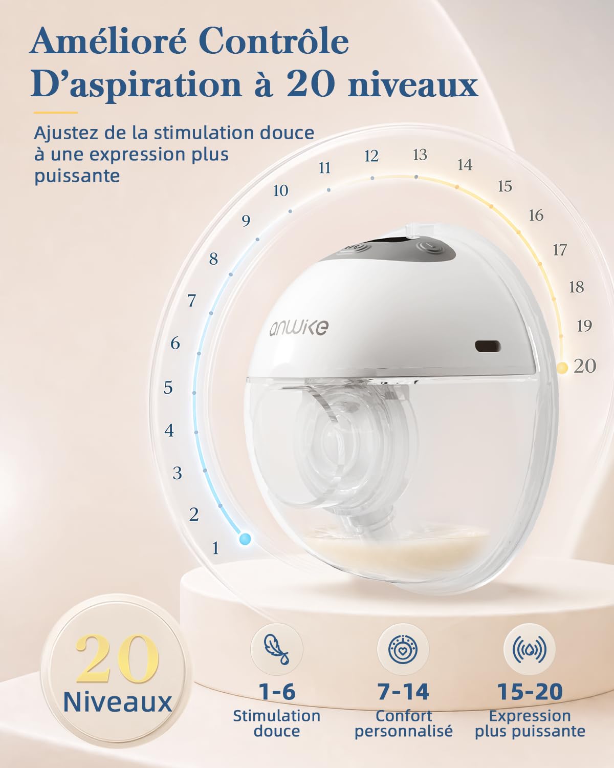 ANWIKE K10 Tire lait electrique mains libres, 4 modes, 20 niveaux | 1200mAh, téterelle 27 mm, Tire lait nomade mains libres jusqu’à 320 mmHg, faible bruit, base verticale(Blanc, 2 unités)
