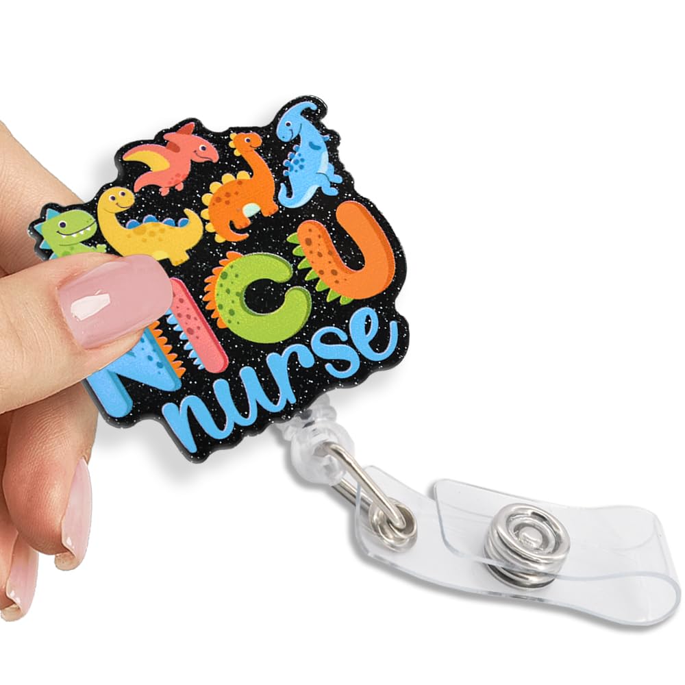 Pishovi NICU Retractable Glitter Badge Reel With Clip, Funny Dinosaur Badge Holder for Doctors, Labor and Delivery OBGYN Midwife Pediatric, Grad Gift