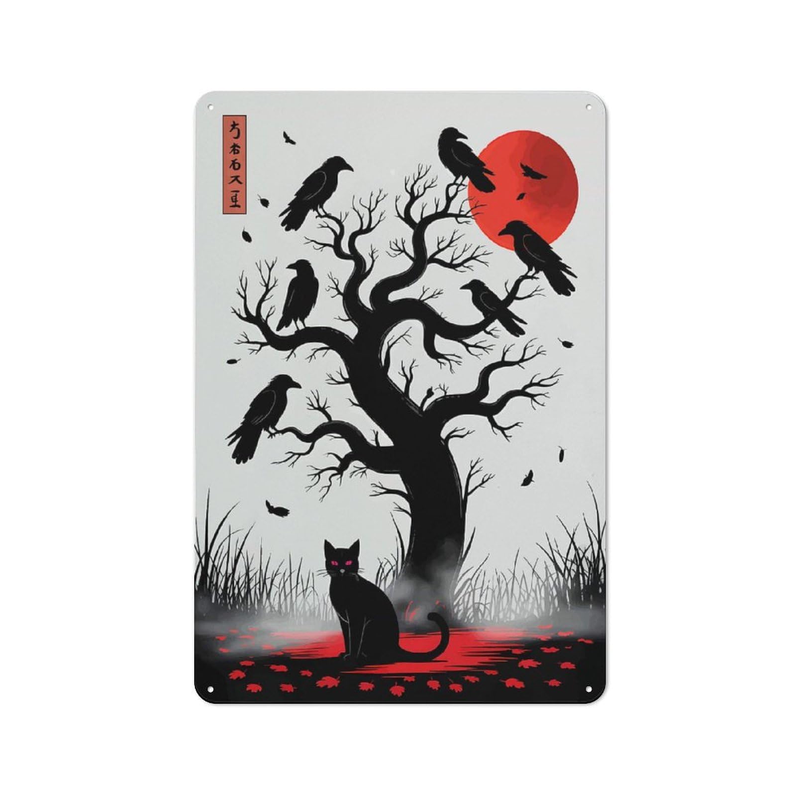 Junmoney Black Cat And Crows Under Red Moon Vintage Metal Plaque 30X20cm For Café Or Restaurant, A Decorative Gift For A Newly Furnished Café And Restaurant