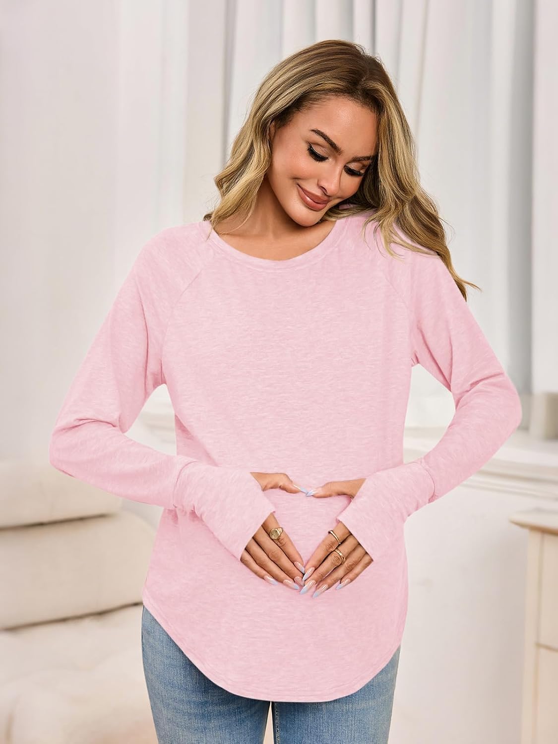 Yousify Womens Maternity Shirts Long Sleeve Round Neck Tops Pregnancy Clothes Loose Fit Casual Blouses with Thumb Holes