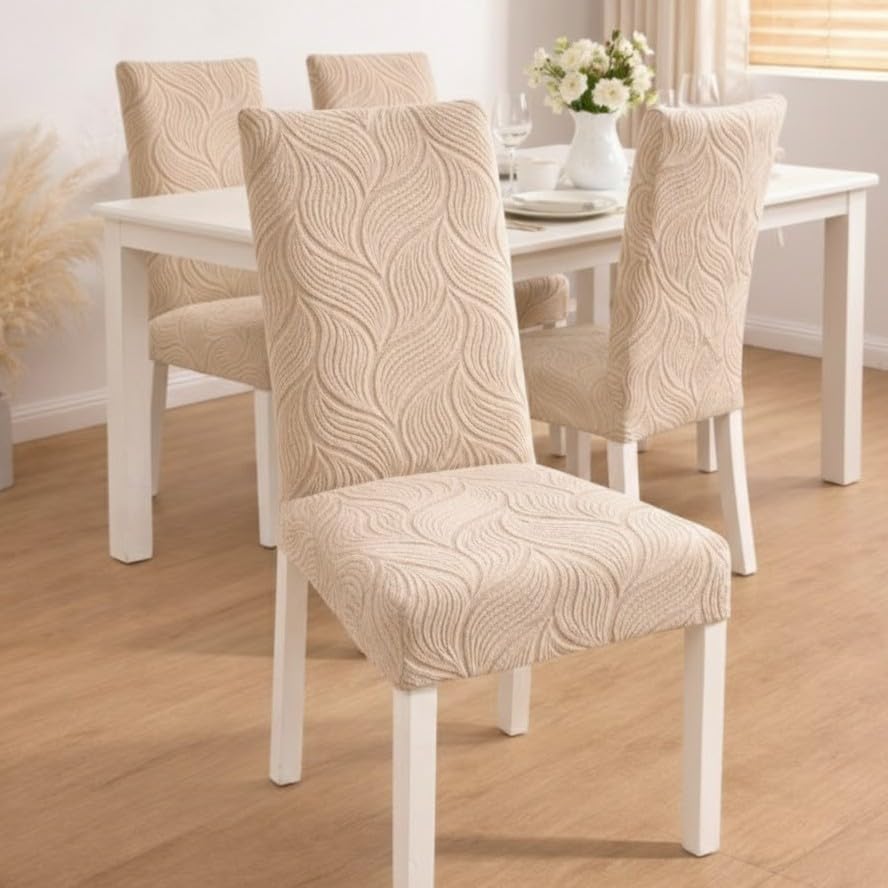 HOMETHREADS High-Elasticity Jacquard Fabric Chair Seat Cover – Long-Lasting, Washable Protective Cover Ideal for Dining Chairs, Kitchen Seating, Cafés (Beige, Pack of 4)-image-46
