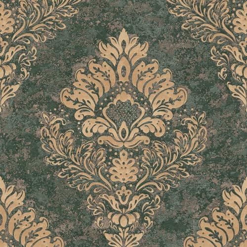 Carta da parati barocca Profhome 379011-GU Carta da parati TNT leggermente strutturata in stile barocco opaca verde oro 5,33 m2