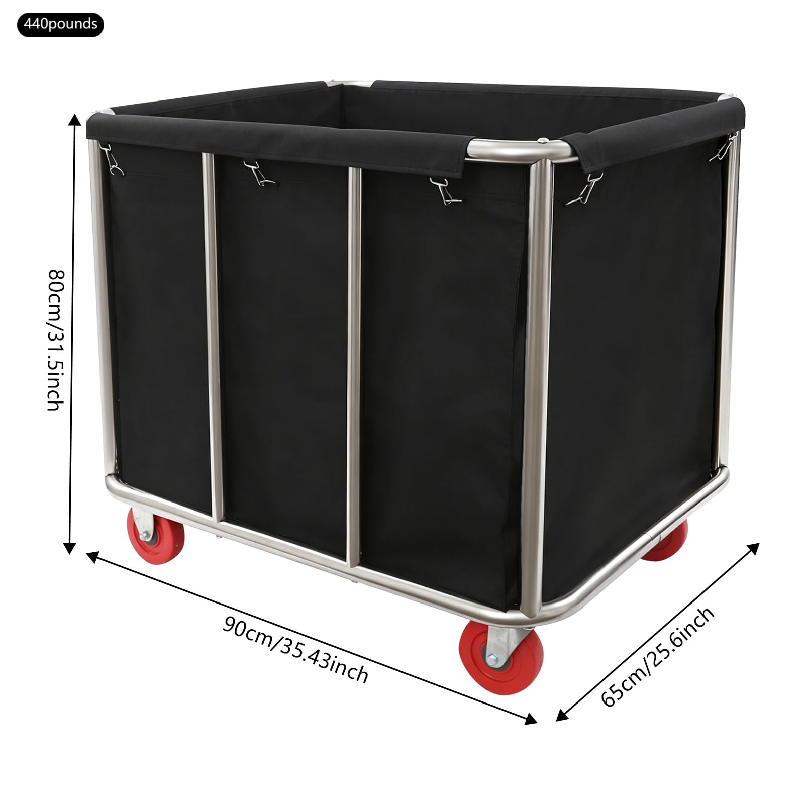 Carro de lavandería 400L, acero inoxidable comercial con ruedas, negro