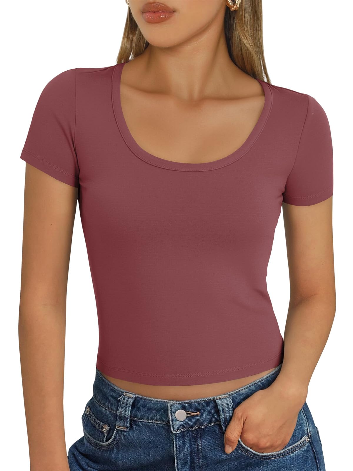 Cuptacc Tshirt Damen Kurzarm U Ausschnitt Oberteile Slim Fit Basic Shirt Damen Elegant T-Shirt Sommer Stretch Crop Top