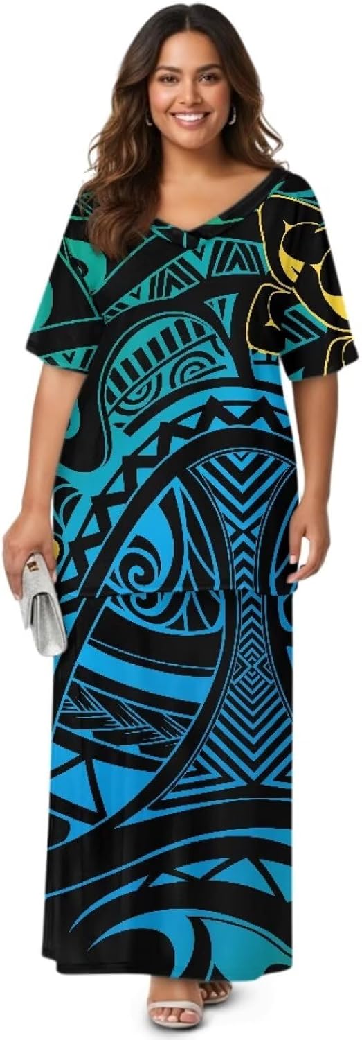 2025 Polynesian Tribal Design Samoan Puletasi Set Ptaha Plus Size Women's Top and Skirts Two Piece Set Dress