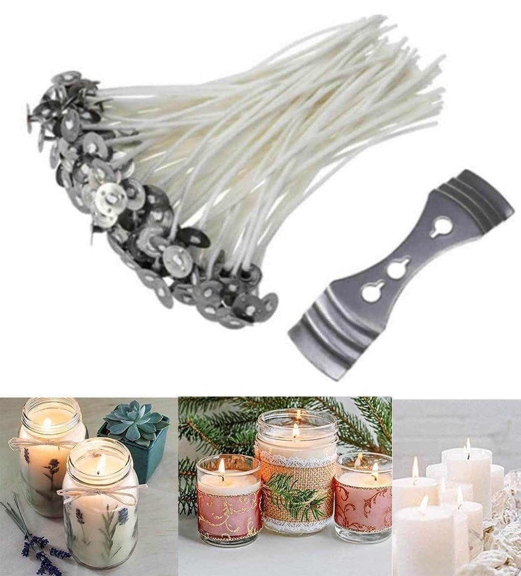 Buy-Simplicity® Pack of 100 Cotton wicks for Candle Making with Sustainers & 3-Hole Wick Holder | 15cm Long Pre Waxed Wicks for Candle Making DIY